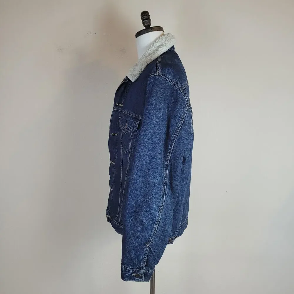 Levis‎ Jacket Mens Large Blue Denim Sherpa Lined Trucker Button Front Classic